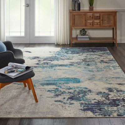 Ivory/Teal/Blue Modern Easy to Clean Abstract Graphics Rug For Dining Room -66cm X 305cm