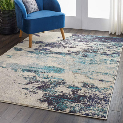 Ivory/Teal/Blue Modern Easy to Clean Abstract Graphics Rug For Dining Room -66cm X 305cm