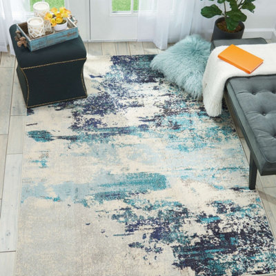 Ivory/Teal/Blue Rug, Abstract Graphics Rug, Stain-Resistant Rug, Modern Rug for Bedroom, & Dining Room-239cm (Circle)