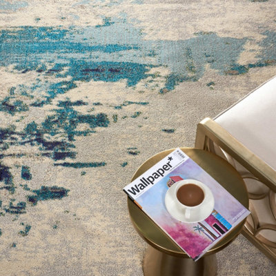 Ivory/Teal/Blue Rug, Abstract Graphics Rug, Stain-Resistant Rug, Modern Rug for Bedroom, & Dining Room-239cm (Circle)