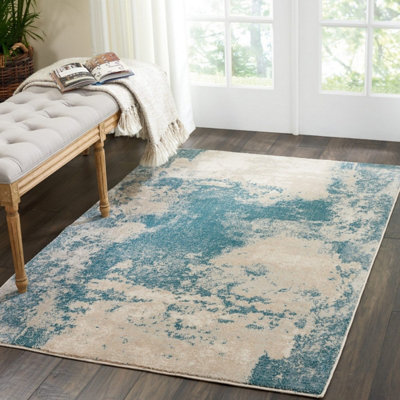 Ivory/Teal Modern Abstract Luxurious Easy to Clean Rug for Living Room and Bedroom-66 X 229cm (Runner)