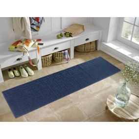 Ivy Washable Cubed Trellis Design Anti Slip Doormats Navy 80x300 cm