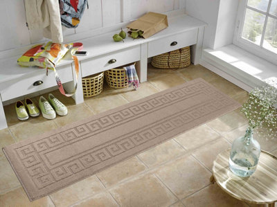 Ivy Washable Greek Key Design Anti Slip Doormats Beige 60x220 cm