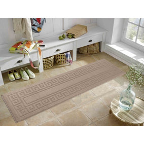 Ivy Washable Greek Key Design Anti Slip Doormats Beige 67x220 cm