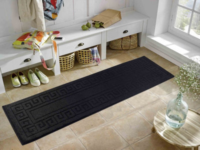 Ivy Washable Greek Key Design Anti Slip Doormats Black 80x300 cm