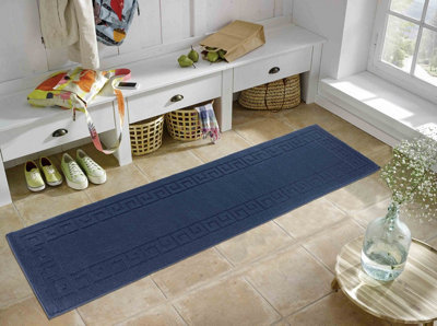 Ivy Washable Greek Key Design Anti Slip Doormats Navy 60x220 cm