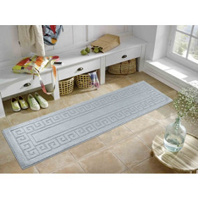 Ivy Washable Greek Key Design Anti Slip Doormats Silver 80x300 cm