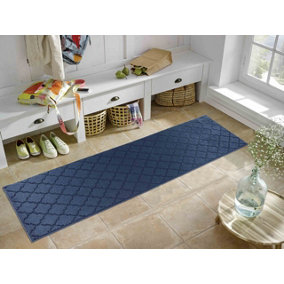 Ivy Washable Trellis Design Anti Slip Doormats Navy 80x300 cm