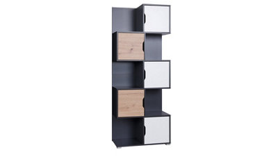 Iwa 09 Tall Bookcase in Graphite, White & Artisan Oak - Elegant Unit with Closed Compartments - W790mm x H2000mm x D400mm