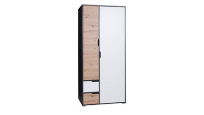 Iwa 13 Hinged Wardrobe in Graphite, White & Artisan Oak - Stylish Closet with Drawers - W900mm x H2000mm x D600mm