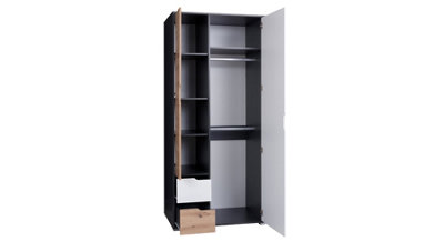 Iwa 13 Hinged Wardrobe in Graphite, White & Artisan Oak - Stylish Closet with Drawers - W900mm x H2000mm x D600mm