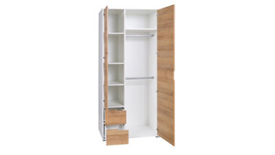 Iwa 13 Hinged Wardrobe in White Matt & Golden Oak - Stylish Closet with Drawers - W900mm x H2000mm x D600mm