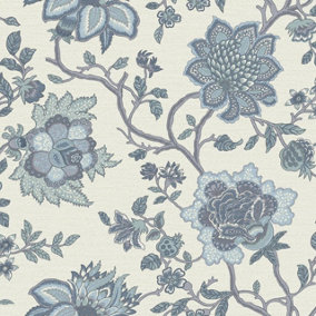 Jacobean Trail Wallpaper Floral Leaves Blue White Natural Flowers Feature Wall