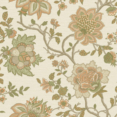 Jacobean Trail Wallpaper Floral Leaves Orange Sage Natural Flowers Feature Wall