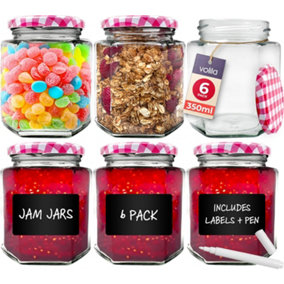 Jam Jars 350 ML - 6 Pack Hexagonal Jars for Jam with Red Gingham Screw Top Lids - Airtight Glass Jars with Lids for your Ho