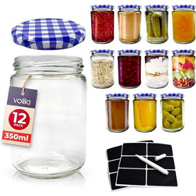 Jam Jars Round with Blue Gingham Screw Top Airtight Lids with Labels and Pen 350ml 12pack