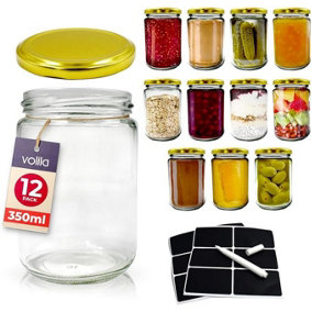 Jam Jars Round with Gold Screw Top Airtight Lids with Labels and Pen 350ml 12pack