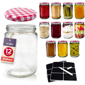 Jam Jars Round with Red Gingham Screw Top Airtight Lids with Labels and Pen 350ml 12pack