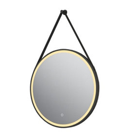 Janie LED Black Circular Hanging Bathroom Mirror with Strap (H)1000mm (W)800mm