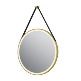 Janie LED Gold Circular Hanging Bathroom Mirror with Strap (H)1000mm (W)800mm