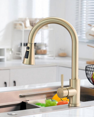 JANLEMNY Brushed Gold Kitchen Tap with Pull-Down Sprayer, Stainless Steel Kitchen Sink Mixer Faucets with 3 Modes High Arch