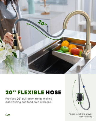 JANLEMNY Brushed Gold Kitchen Tap with Pull-Down Sprayer, Stainless Steel Kitchen Sink Mixer Faucets with 3 Modes High Arch