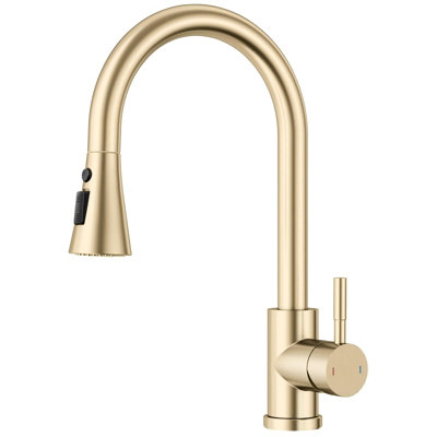 JANLEMNY Brushed Gold Kitchen Tap with Pull-Down Sprayer, Stainless Steel Kitchen Sink Mixer Faucets with 3 Modes High Arch