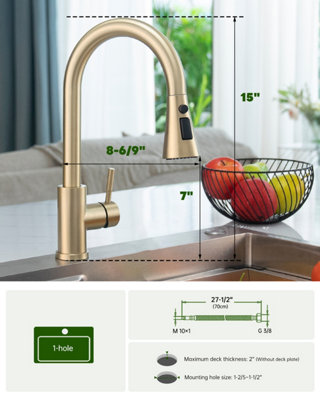 JANLEMNY Brushed Gold Kitchen Tap with Pull-Down Sprayer, Stainless Steel Kitchen Sink Mixer Faucets with 3 Modes High Arch