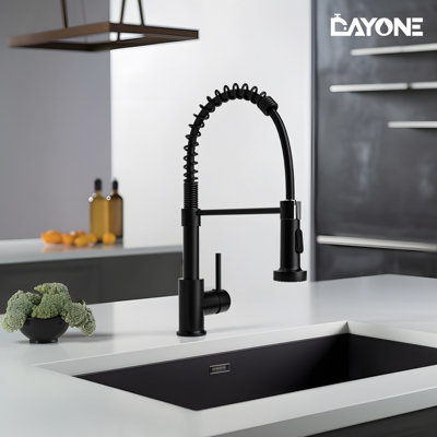 Janlemny Matte Black Pull-Down Spring Kitchen Mixer Tap, 2-Mode Sprayer ...