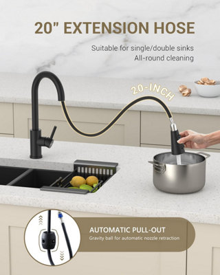 Janlemny Matte Black Pull-Out Kitchen Mixer Tap with 3-Function Spray ...