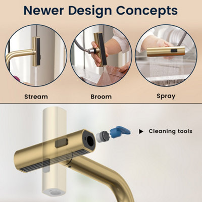 Janlemny Waterfall Kitchen Mixer Tap with Pull-Out Spray, Brushed Gold, 3-Function 360 Degree Swivel, Single Hole Deck Mount