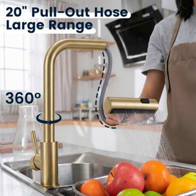 Janlemny Waterfall Kitchen Mixer Tap with Pull-Out Spray, Brushed Gold, 3-Function 360 Degree Swivel, Single Hole Deck Mount