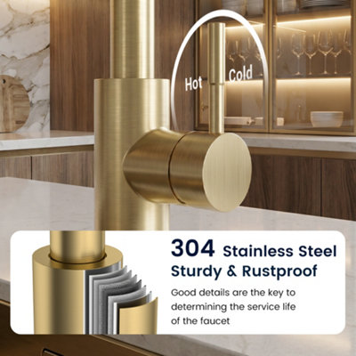 Janlemny Waterfall Kitchen Mixer Tap with Pull-Out Spray, Brushed Gold, 3-Function 360 Degree Swivel, Single Hole Deck Mount