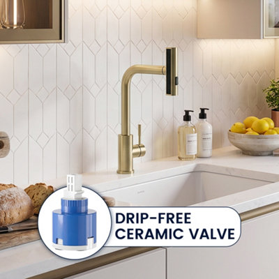 Janlemny Waterfall Kitchen Mixer Tap with Pull-Out Spray, Brushed Gold, 3-Function 360 Degree Swivel, Single Hole Deck Mount