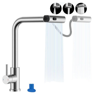 Janlemny Waterfall Pull-Out Kitchen Mixer Tap - 3-in-1 Spray, SUS304 Brushed Stainless Steel, Single Lever, G1/2