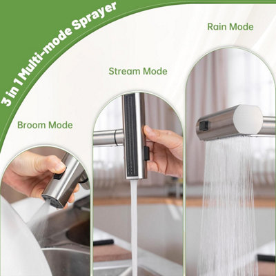 Janlemny Waterfall Pull-Out Kitchen Mixer Tap - 3-in-1 Spray, SUS304 Brushed Stainless Steel, Single Lever, G1/2