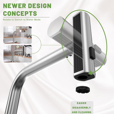 Janlemny Waterfall Pull-Out Kitchen Mixer Tap - 3-in-1 Spray, SUS304 Brushed Stainless Steel, Single Lever, G1/2