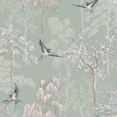 Japanese Oriental Garden Inspired Wallpaper Sage Green World of Wallpaper 946102