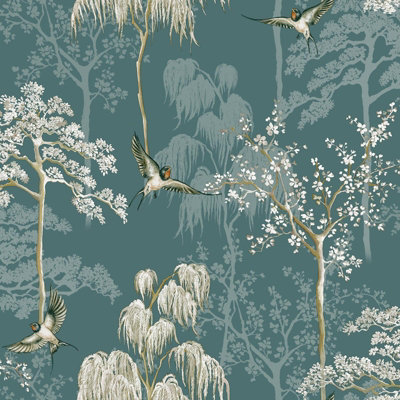 Japanese Oriental Garden Inspired Wallpaper Teal Blue World of Wallpaper 946101