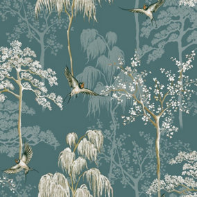 Japanese Oriental Garden Inspired  Wallpaper Teal Blue World of Wallpaper 946101