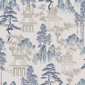 Japanese Pagoda Blue Grey Wallpaper