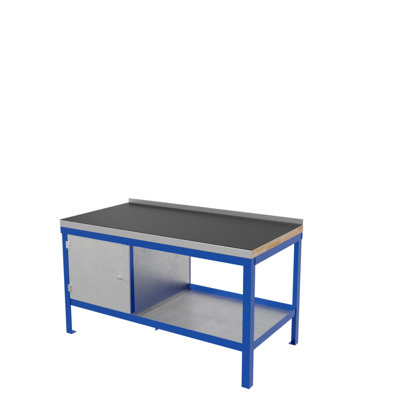 JAS Eng- Super Heavy Duty Workbench 1500mm x 600mm x 840mm Rubber/ Steel/ Wood Top  with Cupboard, Bottom Shelf & Vice Plate