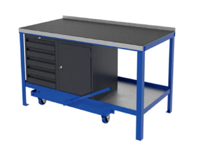 JAS Engineering - Mobile Workbench - 1200mm x 600mm x 840mm Rubber/ Steel Top, 5 Drawer, Cupboard and Bottom Shelf