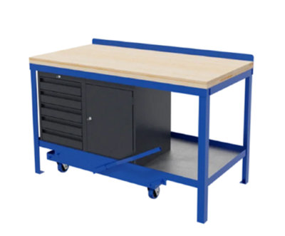 JAS engineering - Mobile Workbench - 1200mm x 750mm x 840mm Wood Top, 5 Drawer, Cupboard and Bottom Shelf