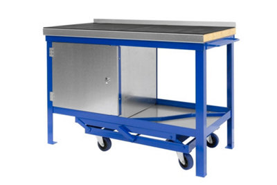JAS Engineering- Mobile Workbench - 1500mm x 750mm x 840mm Rubber/ Steel Top, Cupboard and Bottom Shelf