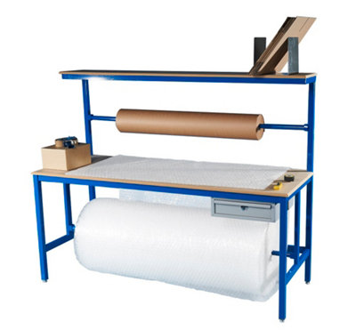 JAS Engineering - Packing Workbench - 2000mm x 600mm  x 900mm MDF Top with MDF Upper Shelf, Drawer, 2 Roll Holders