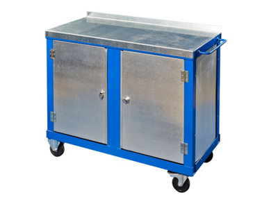 JAS Engineering- Tool Trolley - 1000mm x 500mm x 840mm Galvanised Steel Top, Double Doors, Shelf and Castors