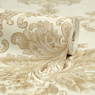 Jasmine Damask Wallpaper in Cream and Metallic Gold
