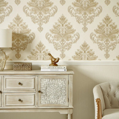 Jasmine Damask Wallpaper in Cream and Metallic Gold