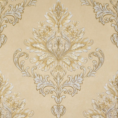 Jasmine Damask Wallpaper In Sand With Metallic Gold